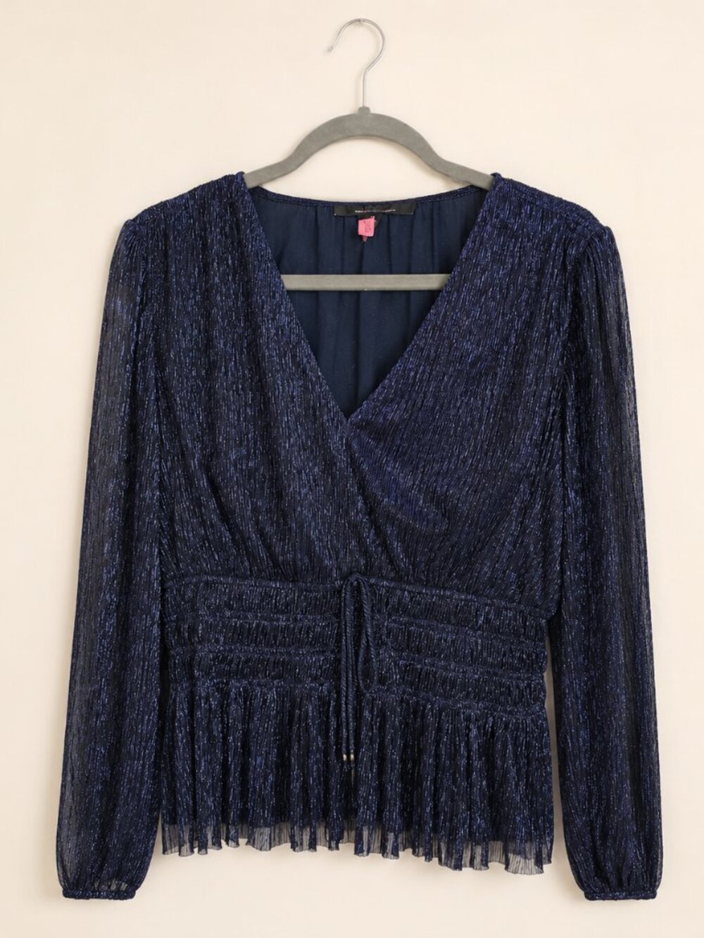 White House Black Market Admiral Blue Metallic Wrap Waist Blouse